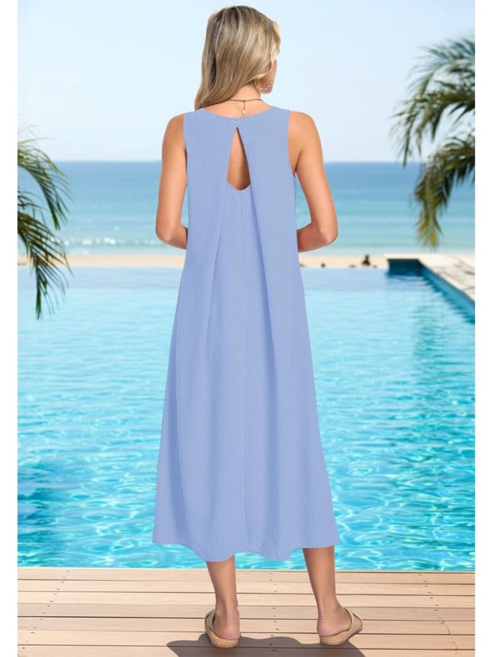 Women's Sky Blue Summer Maxi Dress Sleeveless Back Hollow Out Long Beach Dress - Picture 2 of 5